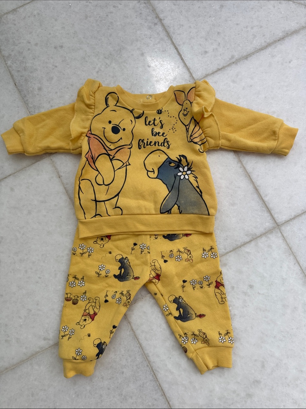 Disney Yellow Winnie the Pooh Ruffle Shoulder Pajama Set,0-3 M